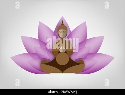 Sitzender Buddha über der Lotusblume. Esoterische Vektorgrafik. Vintage dekorative Kultur Hintergrund. Moderne stilisierte Zeichnung. Indisch, Buddhismus Stock Vektor