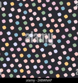 Nahtloses Muster mit isolierten bunten Punkten auf dem schwarzen Hintergrund. Niedlicher moderner Druck für Geschenkpapier, Textilien und Scrapbooking. Stockfoto
