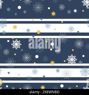 Schneeflocken und Streifen im nahtlosen Muster. Weihnachtliche nahtlose Textur in traditionellen weißen und blauen Farben. Silvester- oder Winterdesign. Rastermuster Stockfoto
