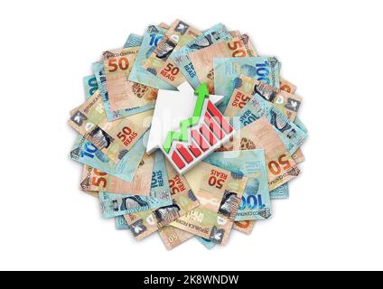 3D Illustration eines Hauses und Finanzcharts und Geld um es herum. Brasilianisches Geld. Brasilianischer Real. 50 und 100 sind Banknoten aus Brasilien. Investition Stockfoto