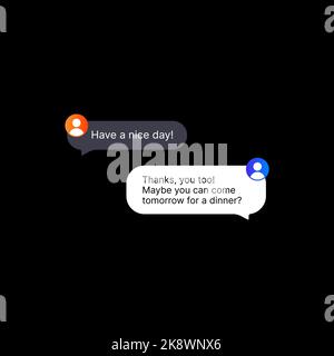 Illustration Zur Benutzeroberfläche Des Online Messenger. Social Media UI-Konzept auf schwarzem Hintergrund. Zwei editierbare Sprechblasen in flachem Design mit Standardprofilsymbolen des Benutzers. Web-Element für mobile Anwendungen. Vektorgrafik Stock Vektor