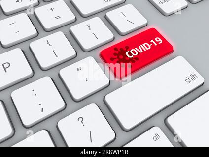 Eine Abbildung einer Computertastatur aus dem Jahr 3D mit einer farbigen Taste mit COVID-19 Stockfoto