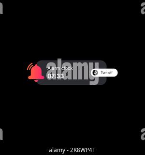Abbildung: Banner Mit Alarmbenachrichtigung. Social Media UI-Konzept auf schwarzem Hintergrund. Bearbeitbarer Wecker mit klingelnden Glockensymbole, Uhrzeit und Abschalttaste. Web-Element für mobile Anwendungen. Vektorgrafik Stock Vektor