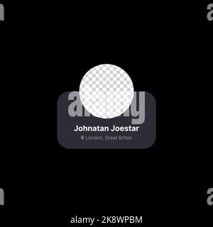 Abbildung Des Benutzerprofils Als Banner. Social Media UI-Konzept auf schwarzem Hintergrund. Leerer Kreis zum Hinzufügen eines Avatarsymbols für das Benutzerprofil mit bearbeitbarem Namen und Standort mit Kartenstift. Web-Element für Mobile App Vektorgrafik Stock Vektor