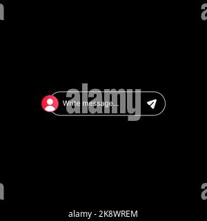 Message Bar Illustration UI-Konzept auf schwarzem Hintergrund. Soziale Medien. Editierbare Nachrichtenleiste mit dem Symbol für das Standardprofil des Benutzers und der Schaltfläche „Massage senden“. Web-Element für mobile Anwendungen. Vektorgrafik Stock Vektor