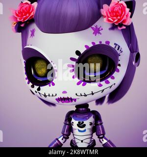 Sugar Skull Robots feiert das Day of the Dead Festival nach Halloween, Androids mit großen Augen und Totenkopf-Bonbon-Make-up für Dia de los Muertos Stockfoto