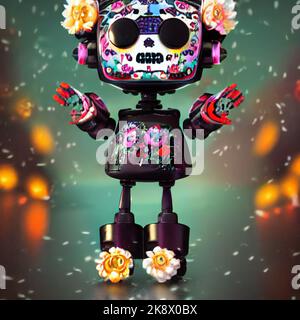 Sugar Skull Robots feiert das Day of the Dead Festival nach Halloween, Androids mit großen Augen und Totenkopf-Bonbon-Make-up für Dia de los Muertos Stockfoto