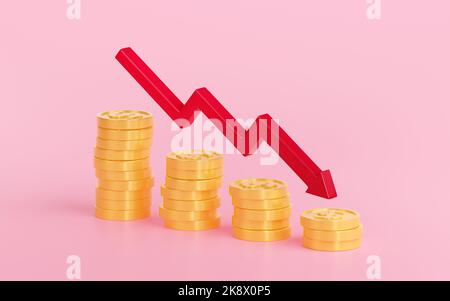 3D Render Pfeil Diagramm geht nach unten die goldenen Münzen Stapel. Konzept von Finanzkrise, Herabstufung, Deflation, Investitionsrisiko. Rote flexible fallende Grafik isoliert Illustration in Cartoon-Kunststoff-Stil Stockfoto