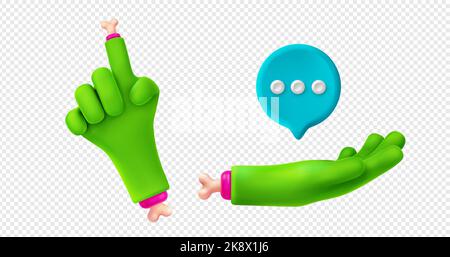 3D Render Zombie Hände zeigen nach oben und halten Sprechblase. Grüne Monster Charakter Handfläche, lustige Halloween Personage Gesten, Finger mit Knochen, isolierte Vektor-Illustration in Cartoon-Kunststoff-Stil Stock Vektor