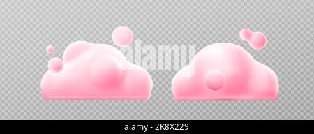 3D Render rosa Wolken, flauschige Spindrift oder Cumulus Wirbel. Fliegendes Wetter und Natur Design Elemente Ballons isoliert auf transparentem Hintergrund, Illustration in Cartoon-Kunststoff-Stil, Symbole gesetzt Stock Vektor