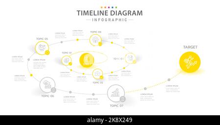 Infografik-Vorlage für Unternehmen. 7 Schritte modernes Timeline-Diagramm mit spiralförmigem Straßenkonzept, Präsentationsvektor-Infografik. Stock Vektor