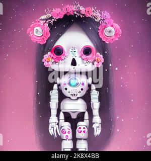 Sugar Skull Robots feiert das Day of the Dead Festival nach Halloween, Androids mit großen Augen und Totenkopf-Bonbon-Make-up für Dia de los Muertos Stockfoto