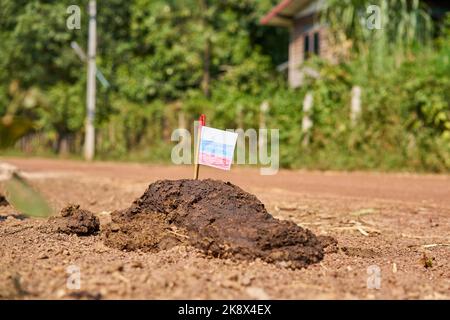 Eine russische Flagge auf einem Misthaufen auf einer Landstraße. Stockfoto