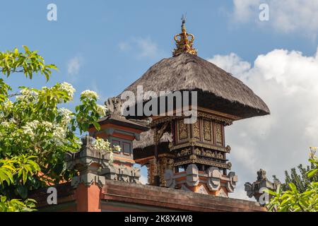 Weiße Mussaenda oder Buddhas Lampe blühender Baum im Hof eines lokalen Hauses in der Nähe des Hausaltars, Bali, Indonesien Stockfoto