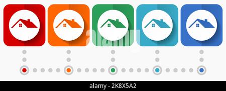 Haus, Haus, Immobilien Konzept Vektor-Symbole, Infografik Vorlage, Satz von flachen Design-Symbole in 5 Farboptionen Stock Vektor