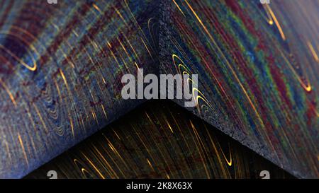 3D Hyper-realistische Darstellung abstrakter Objekte mit grungener Textur und verzerrten leuchtenden Streifen. Stockfoto