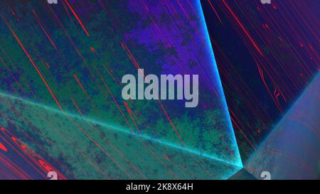 3D Hyper-realistische Darstellung abstrakter Objekte mit grungener Textur und verzerrten leuchtenden Streifen. Stockfoto