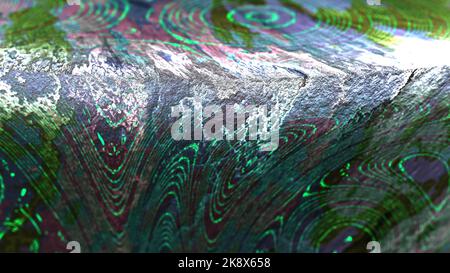 3D Hyper-realistische Darstellung abstrakter Objekte mit grungener Textur und verzerrten leuchtenden Streifen. Stockfoto