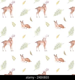 Aquarell nahtloses Muster mit Cartoon-Hirsch und Farnblättern auf weißem Hintergrund Stockfoto