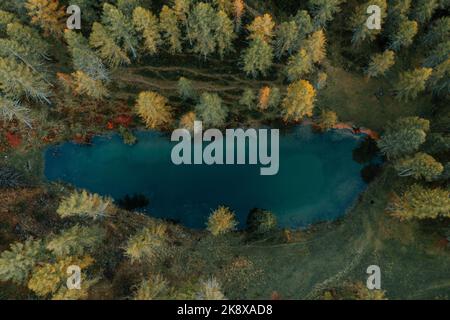 Der Lago delle Prese. Ein kleiner dunkelblauer See im Wald zur Herbstzeit. 1 Stockfoto