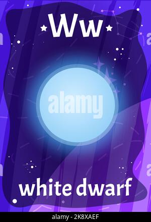 Bedruckbare Raum Alphabet-Flashkarte mit Buchstabe W. Cartoon weißer Zwerg im Sonnensystem mit englischem Wort auf Flash-Karte für Kindererziehung. Kinderkarten für den Unterricht Lesen im Kindergarten oder in der Schule. Stock Vektor