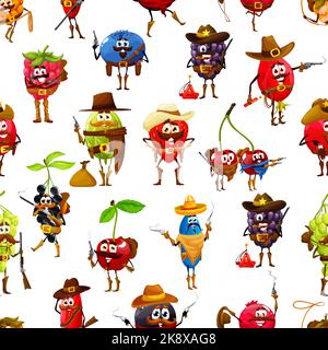 Cartoon Berry Cowboy, Ranger, Sheriff, Räuber und Bandit Zeichen nahtlose Muster. Niedliche Himbeere, Heidelbeere, Brombeere und Hagebutte, Kirsche, Traube auf Geschenkpapier, Wild West Textil-Vektordruck Stock Vektor