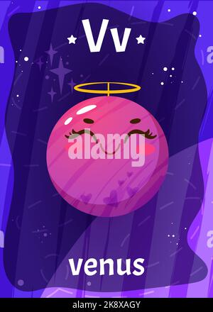 Bedruckbare Raum Alphabet Flashcard mit Buchstabe V. Cartoon niedlichen venus-Planeten in Sonnensystem mit englischen Wortnamen auf Flash-Karte für Kinder Bildung. Kinderkarten für den Unterricht Lesen in der Vorschule. Stock Vektor