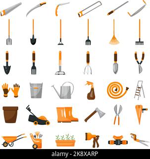Gartengeräte Symbole Satz Cartoon-Vektor. Gartenbestand Stock Vektor