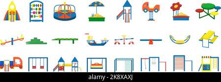 Kinder Spielplatz Symbole setzen Cartoon-Vektor. Sport draußen Stock Vektor