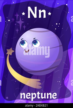 Druckbare Raum Alphabet Flashcard mit Buchstabe N. Cartoon niedlichen neptun-Planeten in Sonnensystem mit englischen Wortnamen auf Flash-Karte für die Kindererziehung. Kinderkarten für den Unterricht Lesen in der Vorschule. Stock Vektor
