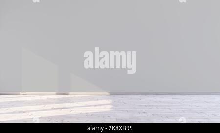 Leerer Raum mit hellgrauer leerer Wand und Sonnenlicht durch das Fenster in einer Rendering-Abbildung von Raum 3D. Stockfoto