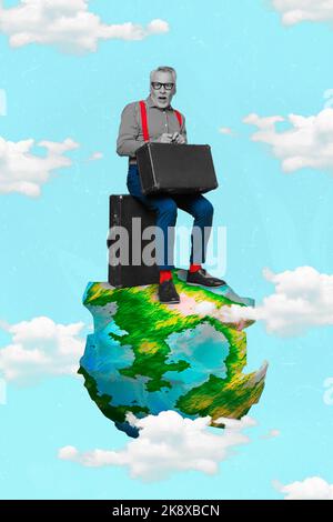 Exklusive Zeitschrift Bild Skizze Bild von lustigen funky Kerl bereit rund Erde Tour isoliert Malerei Hintergrund Stockfoto