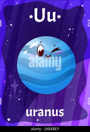 Druckbare Raum Alphabet Flashcard mit Buchstabe U. Cartoon niedlichen uranus-Planeten im Sonnensystem mit englischen Wortnamen auf Flash-Karte für die Kindererziehung. Kinderkarten für den Unterricht Lesen in der Vorschule. Stock Vektor