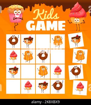 Sudoku Kinder Spiel Cartoon Bäckerei, Süßigkeiten und Dessert-Charaktere. Vektor-Arbeitsblatt mit baba, Kuchen oder Kuchen Stück, Donut oder Muffin auf kariertem Brett. Lernspiele für Kinder Stock Vektor