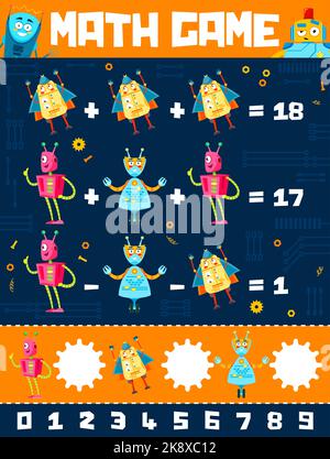 Cartoon-Roboter und Droiden Mathe Spiel Arbeitsblatt. Educational Vektor Labyrinth, Puzzle für Rechnen und Mathematik Fähigkeiten Entwicklung mit lustigen Cyborgs Zeichen, Bildung Quiz für Kinder lernen Zählen Stock Vektor