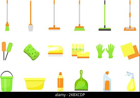 Symbole für sauberere Geräte stellen einen Cartoon-Vektor ein. Saubere Chemikalien Stock Vektor