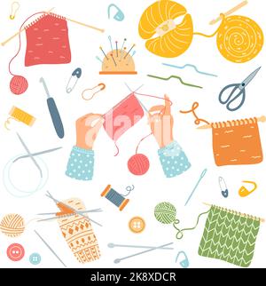 Set Strickzubehör im Cartoon-Stil. Konzept von Hobby, Freizeit. Vektor-Illustration von gestricktem Stoff, Nadeln, Häkeln, Spule, Pinkushi Stock Vektor