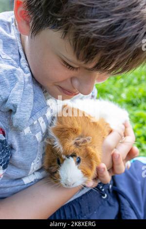 Nahaufnahme eines niedlichen kleinen Meerschweinchens im Alter von zwei Jahren und eines glücklichen, lächelnden weißen Kindes, das im Freien im Garten im Gras läuft und spielt Stockfoto