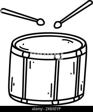 Doodle Trommel mit Drumsticks. Vektor Skizze Illustration von Musikinstrument, schwarze Umrisskunst für Webdesign, Icon, Druck, Malseite. Stock Vektor