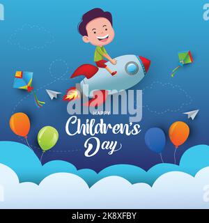 Happy Kindertag Hintergrundgrüße mit Kind fliegen Rakete Vektor Illustration Design Stock Vektor