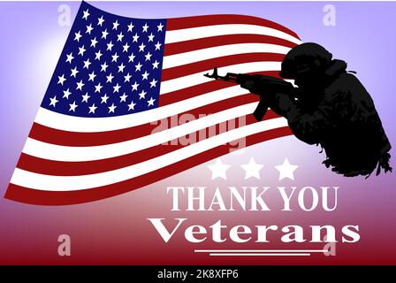 Silhouette eines amerikanischen Soldaten auf dem Hintergrund der Flagge der Vereinigten Staaten und der Inschrift Thank You Veterans. Vektorbild. Das Konzept des Veteranentages, des Gedenktages. Stock Vektor