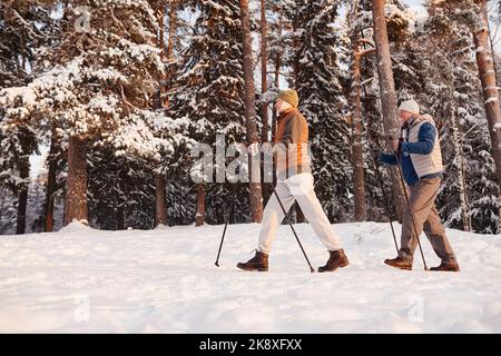 Seitenansicht eines aktiven Seniorenpaares, das Nordic Walk mit Stöcken im Winterwald genießt, Kopierraum Stockfoto