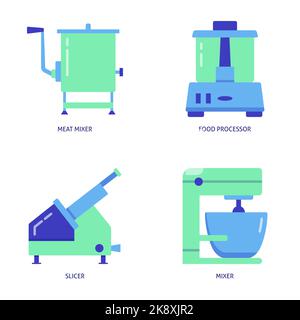 Küchengeräte für die Lebensmittelverarbeitung Icon Set in flachem Stil. Symbole für Küchenmaschine, Schneidemaschine und Mixer. Vektorgrafik. Stock Vektor