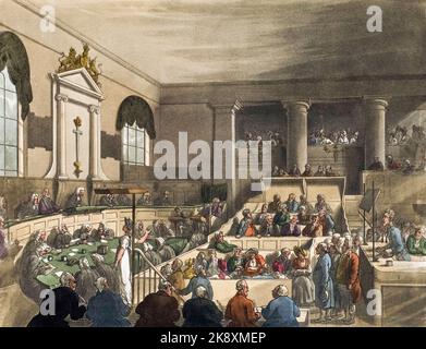 Old Bailey. Ca. 1808. Nach einem Werk von August Pugin und Thomas Rowlandson im Londoner Mikrokosmos, erschienen in drei Bänden zwischen 1808 und 1810 bei Rudolph Ackermann. Pugin war der Künstler, der für die architektonischen Elemente in den Mikrokosmos-Bildern verantwortlich war; Thomas Rowlandson wurde beauftragt, die lebendigen menschlichen Figuren hinzuzufügen. Stockfoto