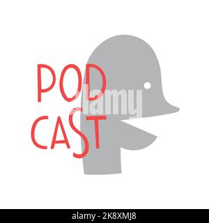 Einfache Vektor-Vorlage für Podcast-Cover mit Silhouette der sprechenden Person und roten Buchstaben Schriftzug Podcast Stock Vektor