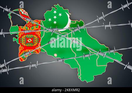 Karte von Turkmenistan mit Stacheldraht, 3D, isoliert auf dunklem Hintergrund Stockfoto