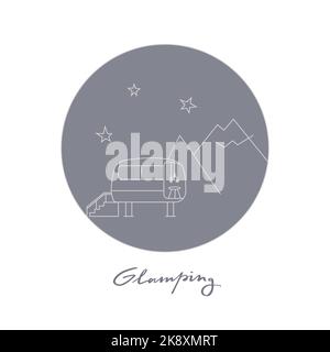 Vector lineares Glamping-Symbol, Etikett. Moderne Outdoor-Camp, Trekking, Naturschutzgebiet. Nacht Berglandschaft mit Haus, Zelt, Hüttensternen, Schneehügeln Stock Vektor