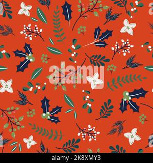 Weihnachtsbaum Äste und Beeren nahtlose Muster. Winter Weihnachten Feiertage rot festlich Geschenkpapier-Design Stock Vektor