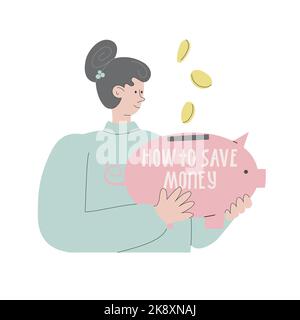 Trendy Charakter Mädchen Geld sammeln in rosa Sparschwein wie man Geld spart. Flache Vektorgrafik für Banner, Artikel, Post Stock Vektor