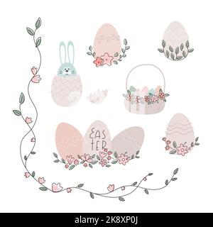 Set beigefarbener Pastellfarben-Vektor-Illustrationen für ostern mit Hase, Blumen, Korb, Eiern Stock Vektor